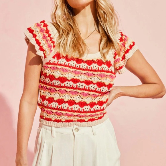 VICI Blu Pepper NWT Josephine Cotton Crochet Knit Flutter Sleeve Ruffle Tank - Picture 1 of 8